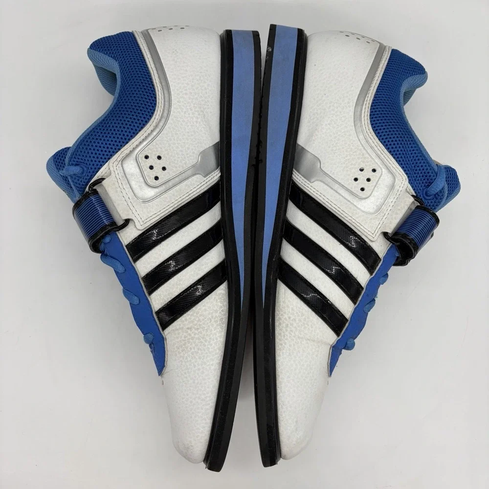 Adidas Mens 11 Powerlift 2 Weightlifting Shoes Blue & White w/ Black 3-Stripes